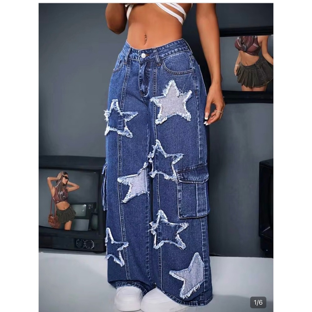 Y2K Fairy Grunge Skater Star Patchwork Cargo Utility Wide Leg Streetwear Jeans